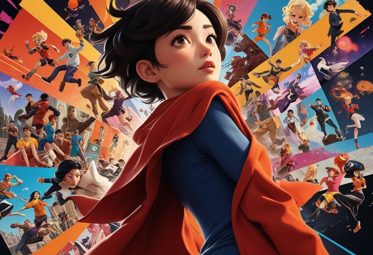 A dynamic collage depicting the transition of adult animation from manga panels to fluid motion scenes, featuring iconic characters in vibrant poses, surrounded by elements symbolizing modern entertainment, like streaming icons and cinema reels. The background should blend manga style with cinematic effects, showcasing a harmonious blend of static and motion art. Emphasize colors that pop and convey energy. super-realistic. vibrant colors. cinematic style.