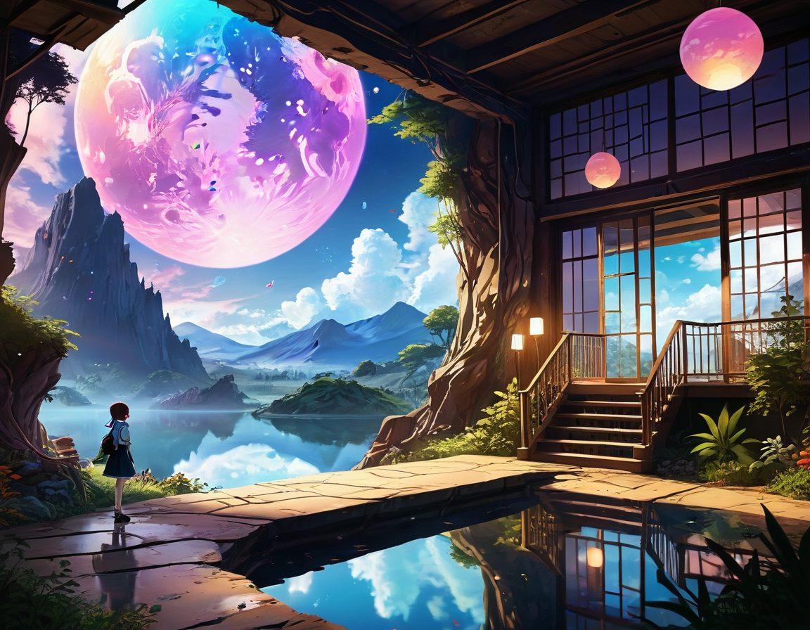 A surreal landscape depicting a blend of anime characters and adult comic elements, with soft lighting casting an inviting glow. Include a diverse group of characters engaging in discussions, surrounded by visual novels and art supplies, symbolizing creativity and exploration. The backdrop should evoke a whimsical yet thought-provoking atmosphere, hinting at the controversial nature of the themes discussed. Illustrate with vibrant colors and detailed textures. digital art. whimsical style.
