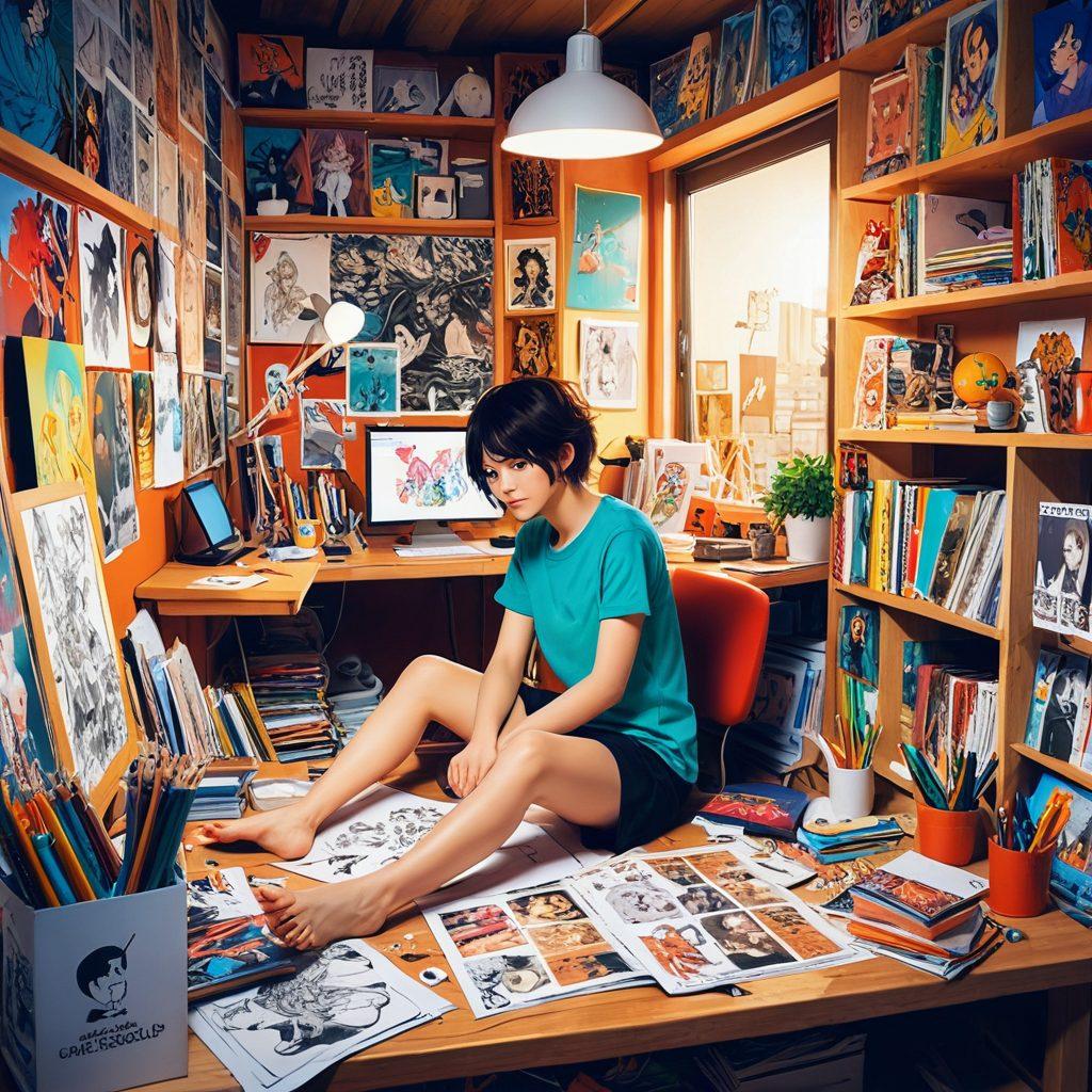 A creative collage showcasing the vibrant world of adult animation, featuring a stylized representation of a manga artist at work with colorful illustrations of diverse characters in a cozy studio atmosphere. Elements of hentai art subtly integrated, highlighting the allure with playful and suggestive themes. The background should be filled with art supplies and posters of iconic adult animations, creating an immersive experience. Dynamic poses and exaggerated expressions of characters add to the energy of the scene. Vector art. vibrant colors.